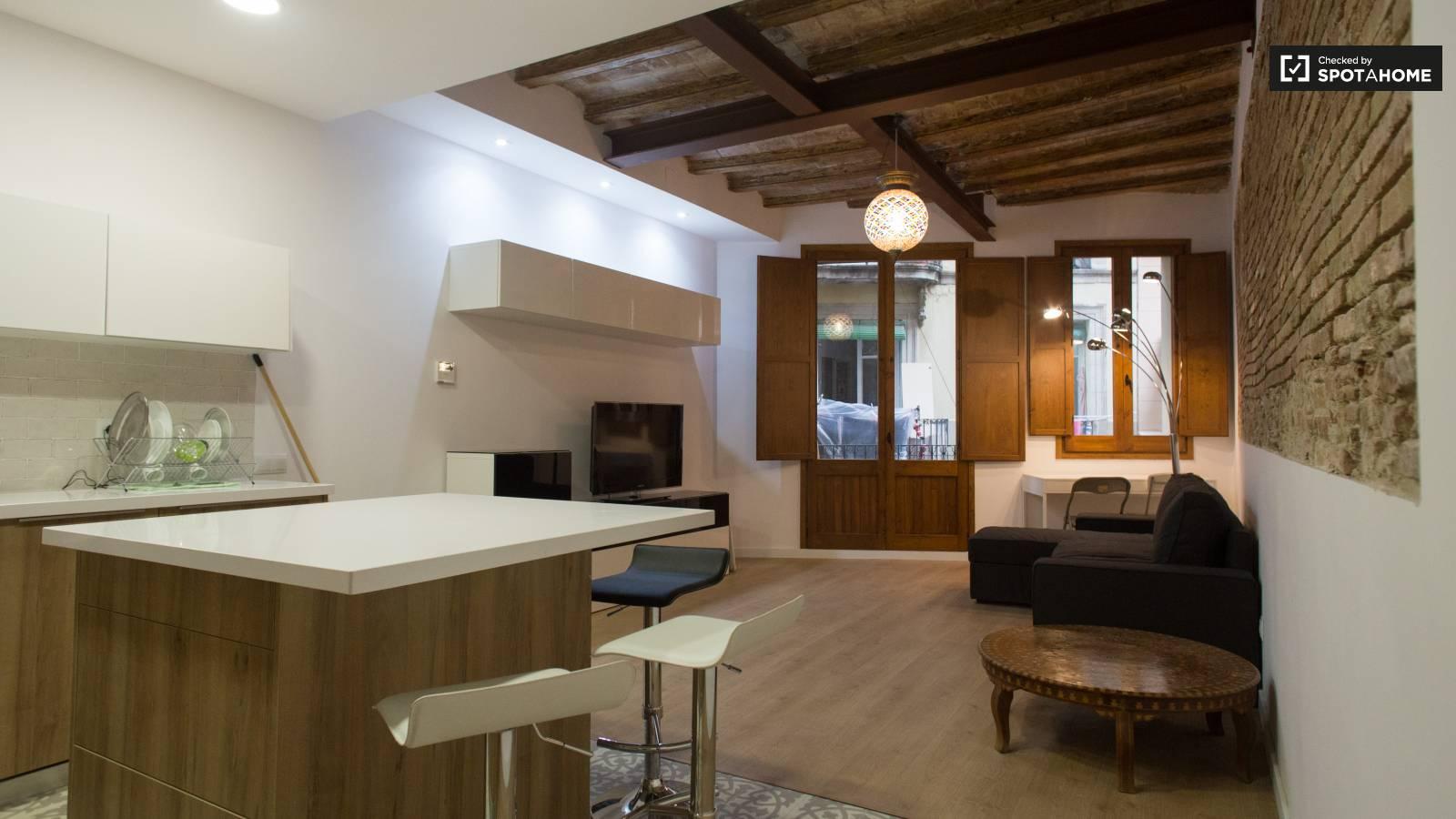 Sala de estar y cocina modernas y unidas en Barcelona