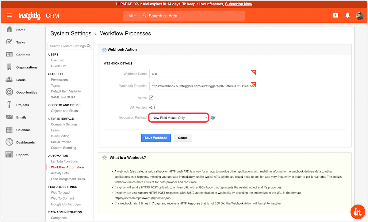 Select your Invocation Payload from the dropdown.