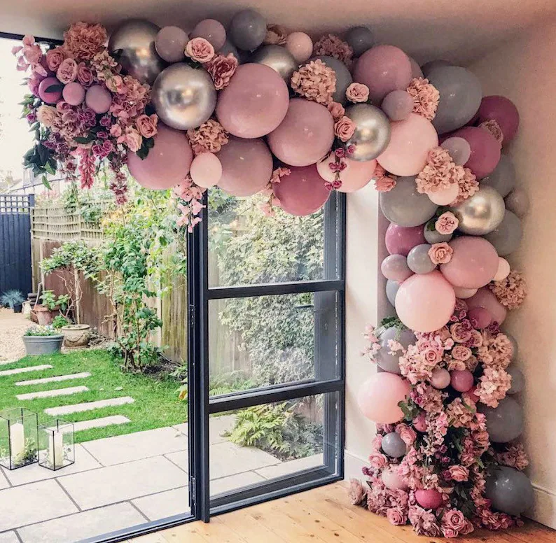 Pink Flowers Inverted L Balloon Shape Arch