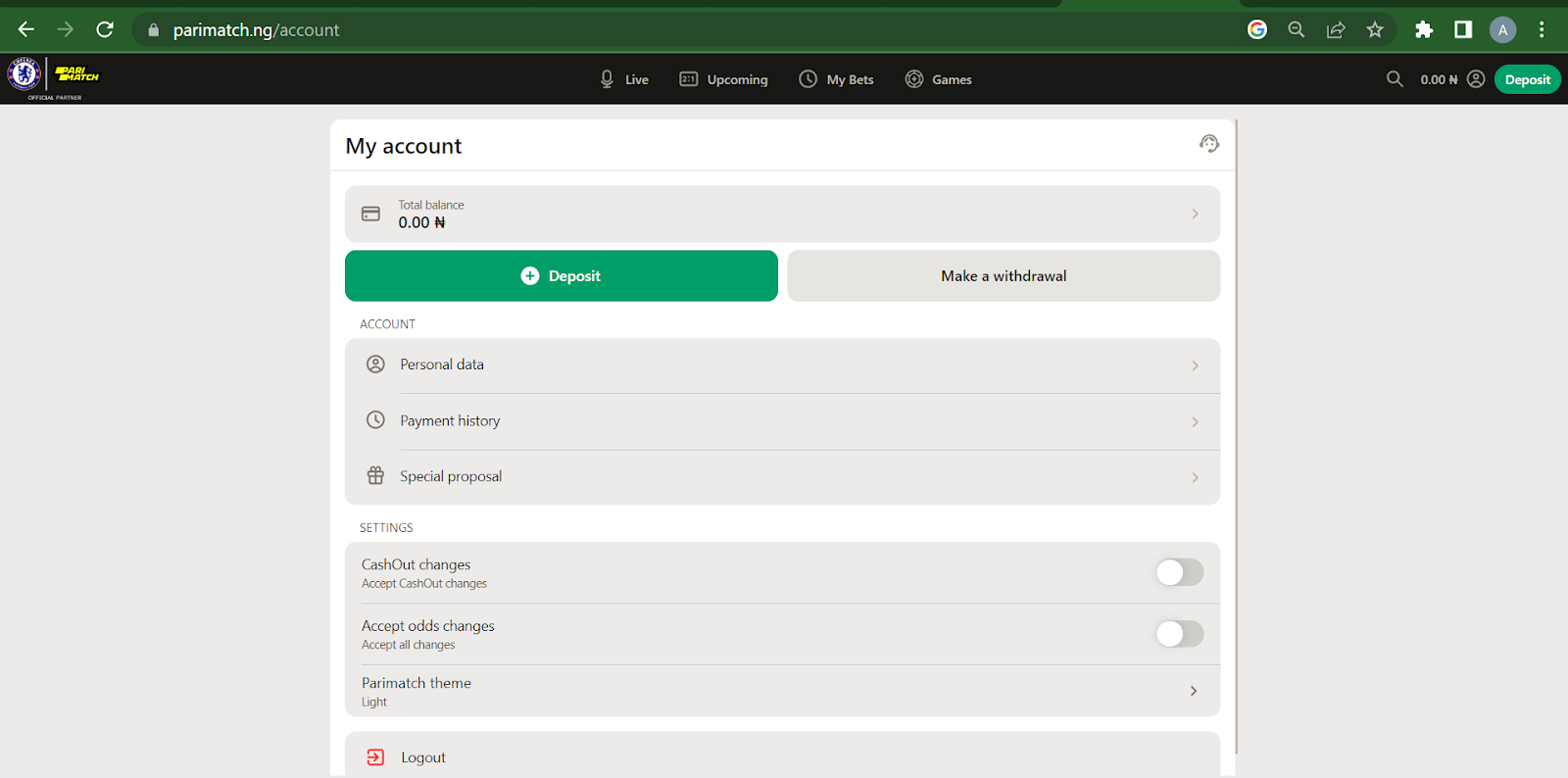 Parimatch "My account" page
