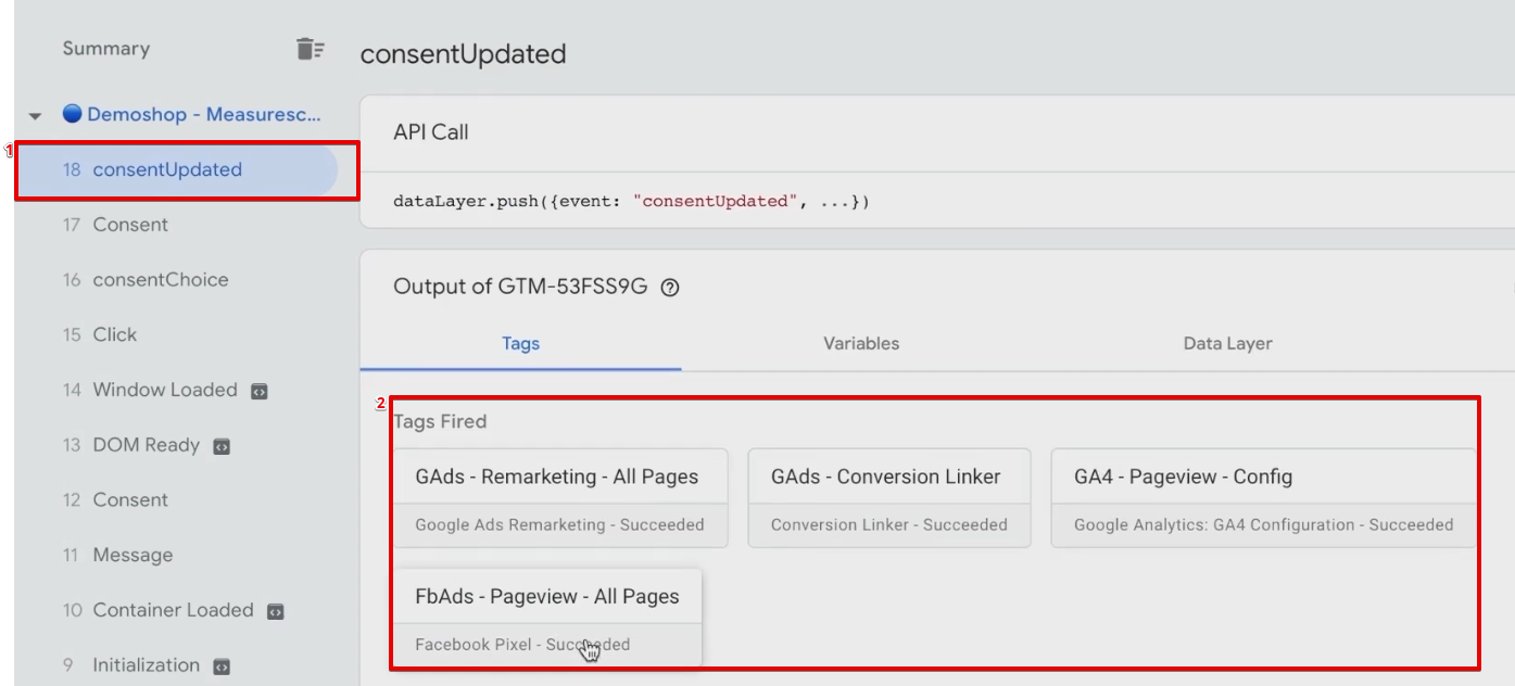 Analyze fired Tags from the consentUpdated section of the GTM preview window