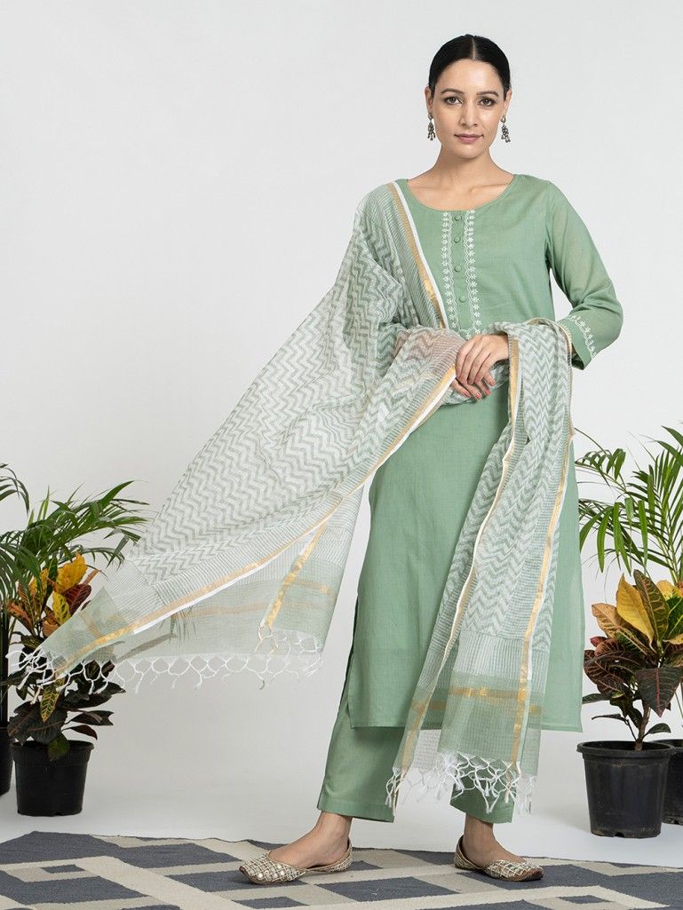 Pastel Green Embroidered Cotton Mulmul Kurta with Slip Pants