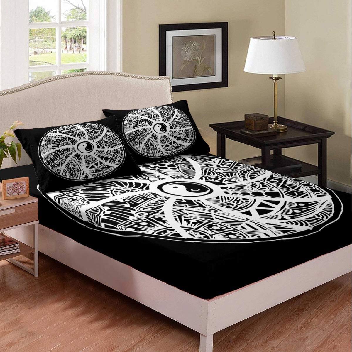 Drap giường màu đen họa tiết thái cực 