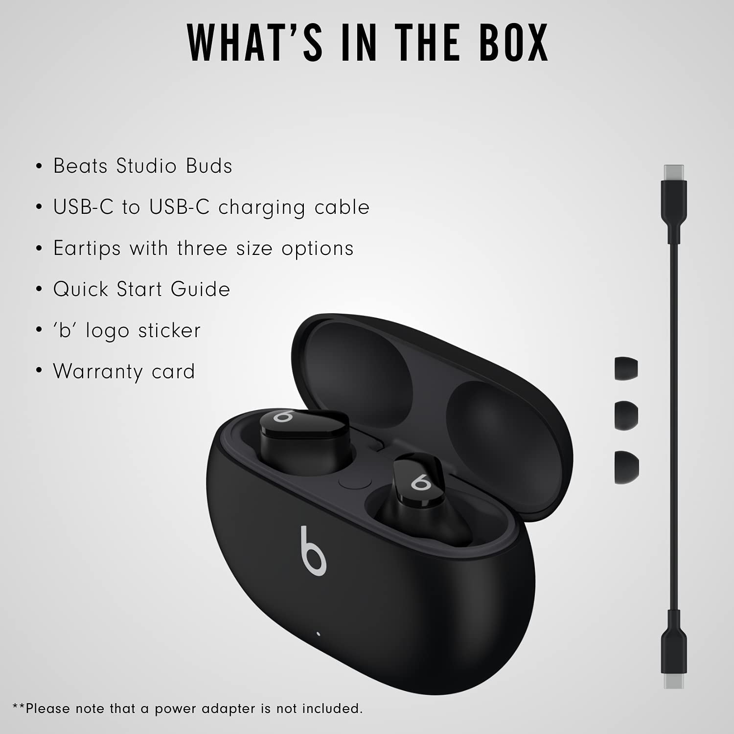This image shows what's in the box of the Beats Studio Buds.