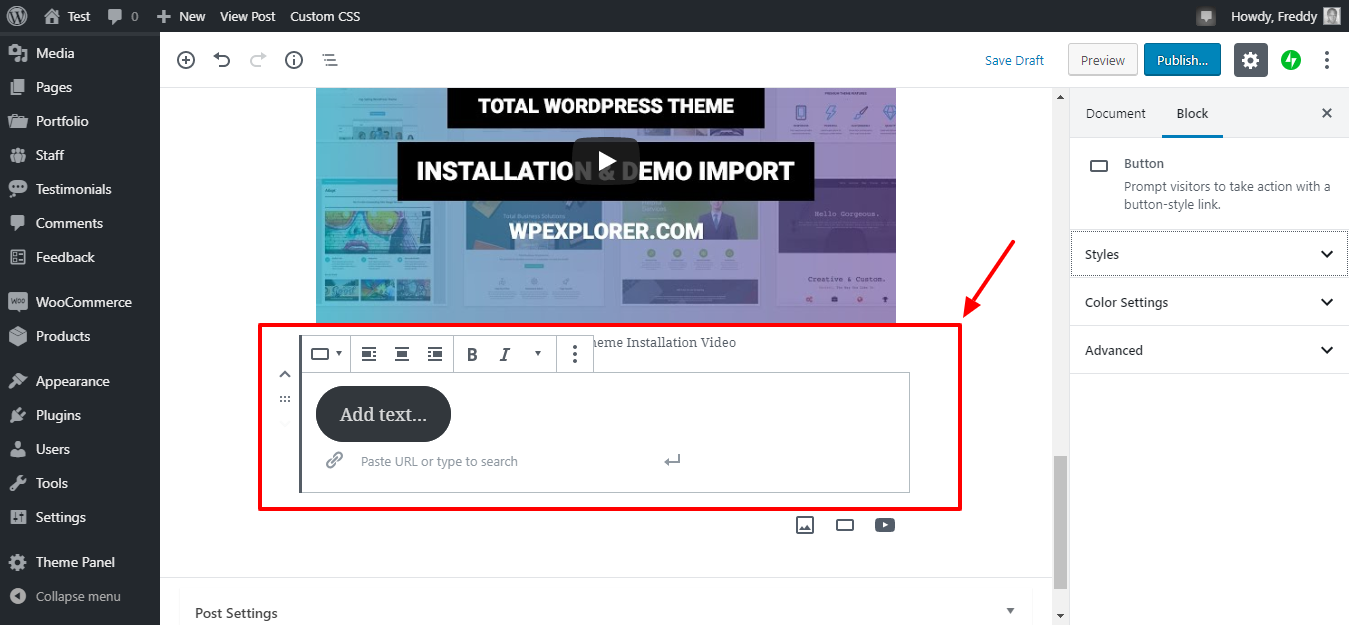 adicionando botões no editor gutenberg