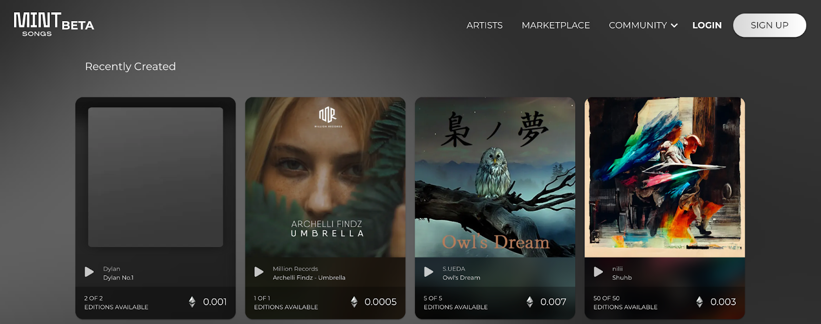 A screenshot of Mint Songs’ music NFT marketplace.