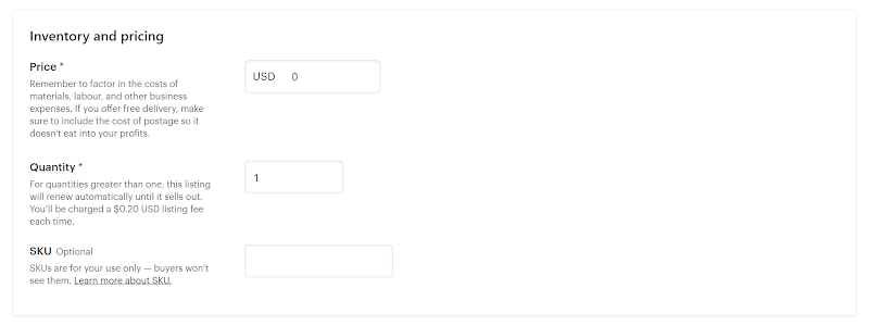 SKUs and product information on Etsy
