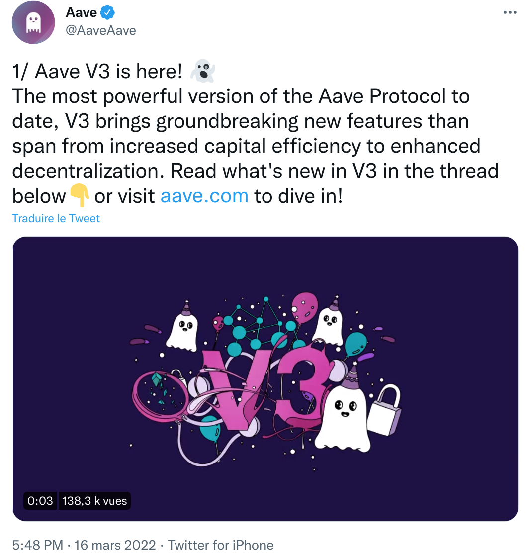 Tweet d'annonce du lancement d'Aave v3 et ses nouvelles fonctionnalités. 