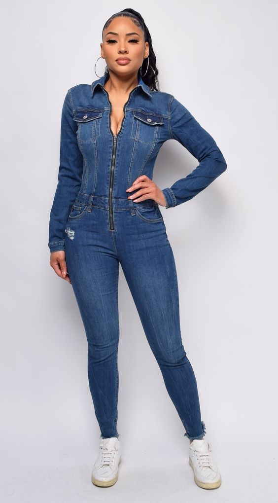 Picture of a lady rocking the denim jumpsuit