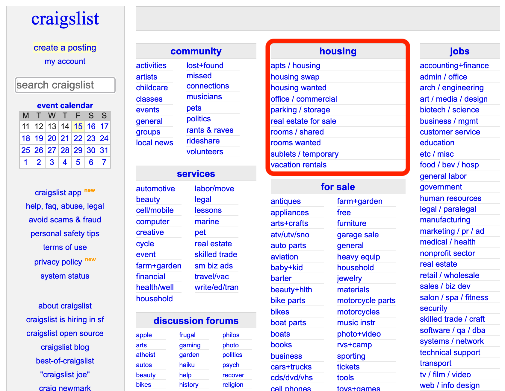 Screenshot of Craigslist home page. When you use Craigslist to post your rentals, you can add your listing under the "housing" section.