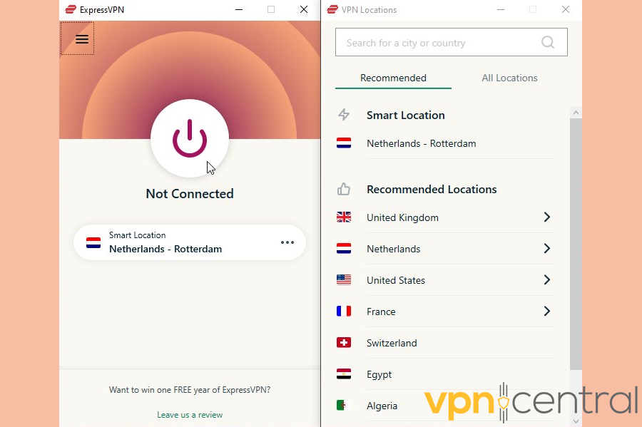 A list of ExpressVPN server locations with the service not connected to any servers