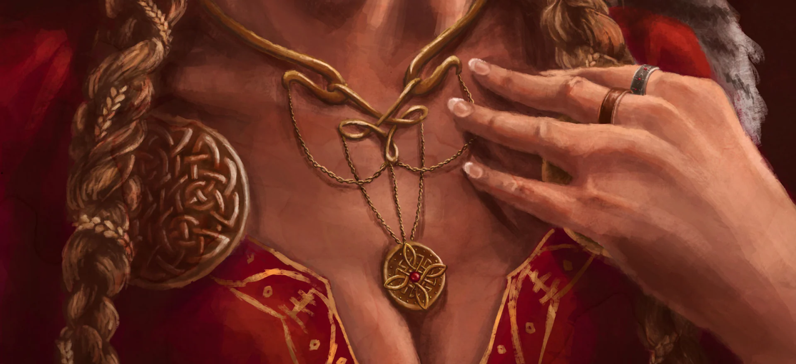 This is an illustration of the valuable necklace, Brísingamen, an exceptional masterpiece crafted by four dwarf brothers known as the Brísingar. It is an elegant gold necklace that elegantly wraps around your neck just above your collarbone. At the center of the necklace is an intricate chain that is adorned with a golden medallion. 