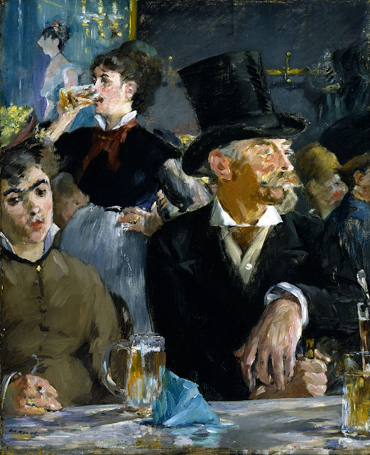 Oil painting of a cafe scene by Edouard Manet. Man at table with top hat in the foreground. Waitress drinking behind him. Another woman in the distance in the background.Source: https://en.wikipedia.org/wiki/File:Edouard_Manet_-_At_the_Caf%C3%A9_-_Google_Art_Project.jpg from Google Art Project and on display in Walters Art Museum.