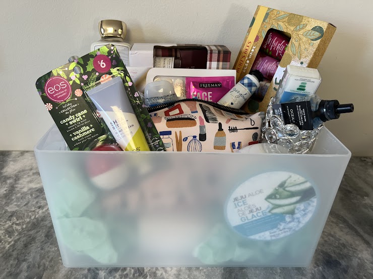 Burt’s Bee’s Hand Cream Set, Three Piece Room Fragrance Collection, Cosmetic Bags, Bath & Body Works: Hand Sanitizers, Lotions & Cream, Roll On Perfume and Room Fragrance, Aloe Sugar Scrub
-Donated by The Carroll Family and FAW Friends & Families