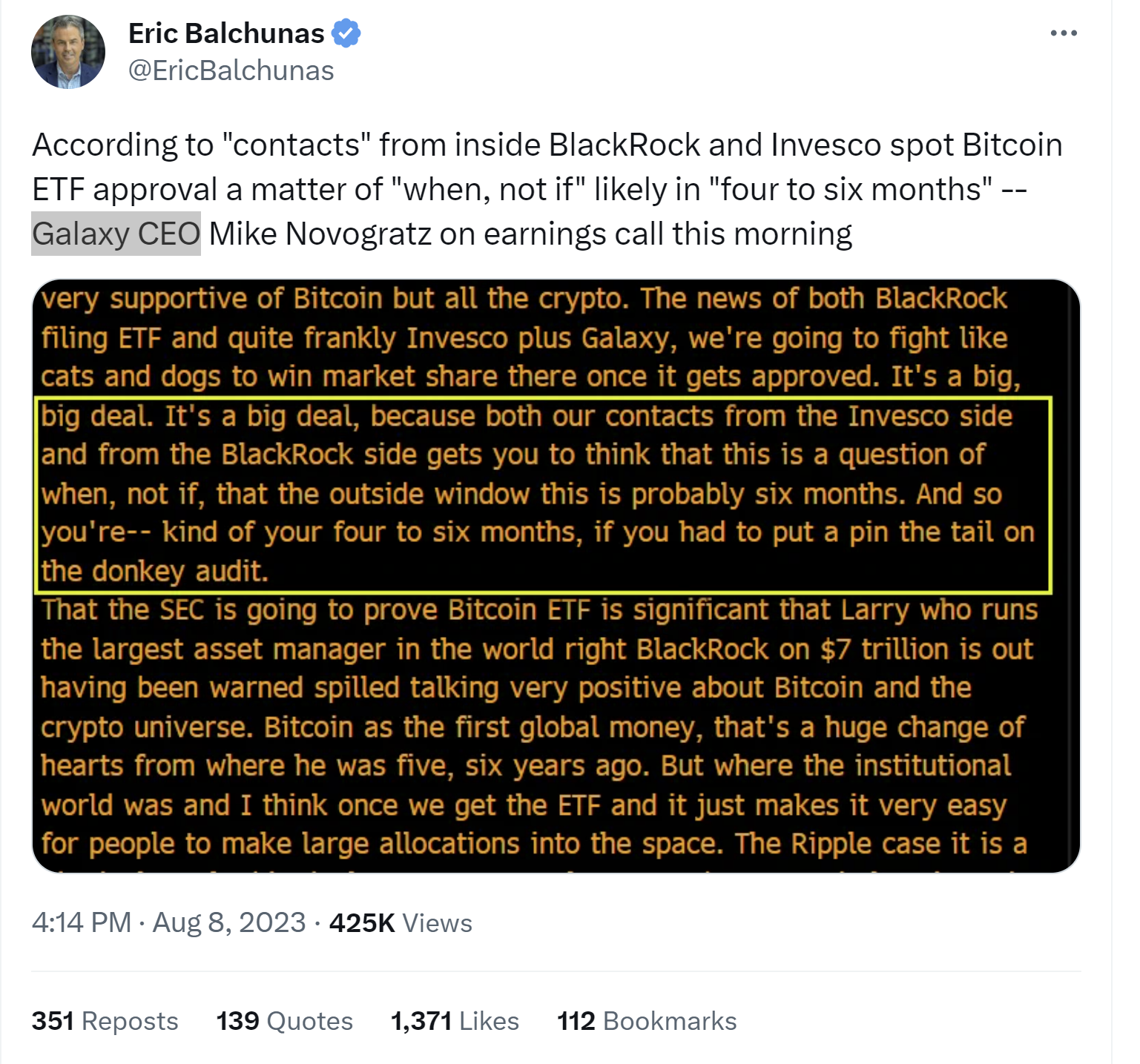 Tweet from Eric Balchunas quoting Galaxy Digital CEO on the expected timing of the first Spot Bitcoin ETF approval