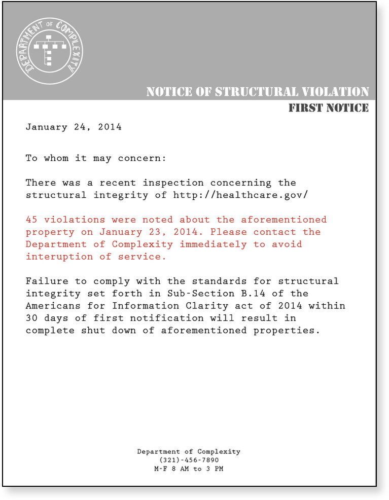 Notice of Structural Violation from the Department of Complexity. 

Dated January 24, 2014. A letter illustrating 45 complexity management violations for healthcare.gov and referencing some made up rules and regulations. 