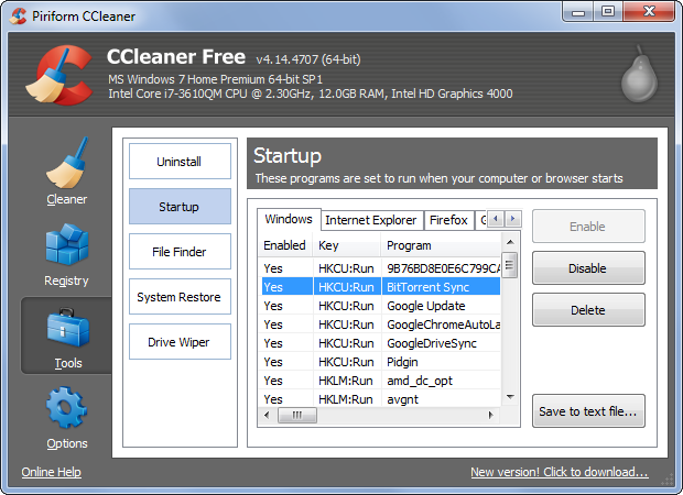 Using CCleaner to manage Startup programs on Windows 7