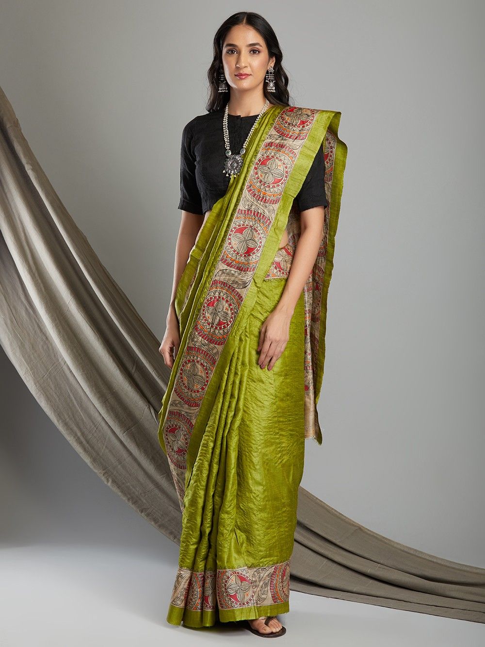 the loom - Green Madhubani Hand Painted Tussar Silk Saree
