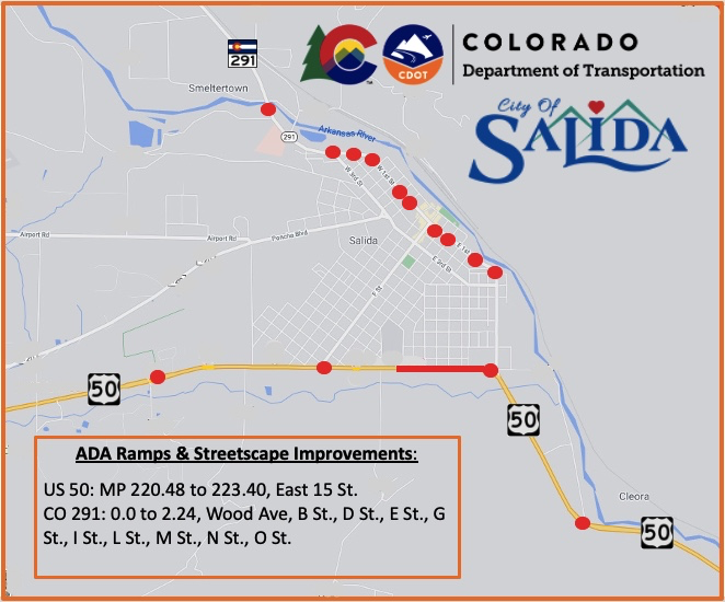 Map of US 50 and CO 291 in Salida showing project locations