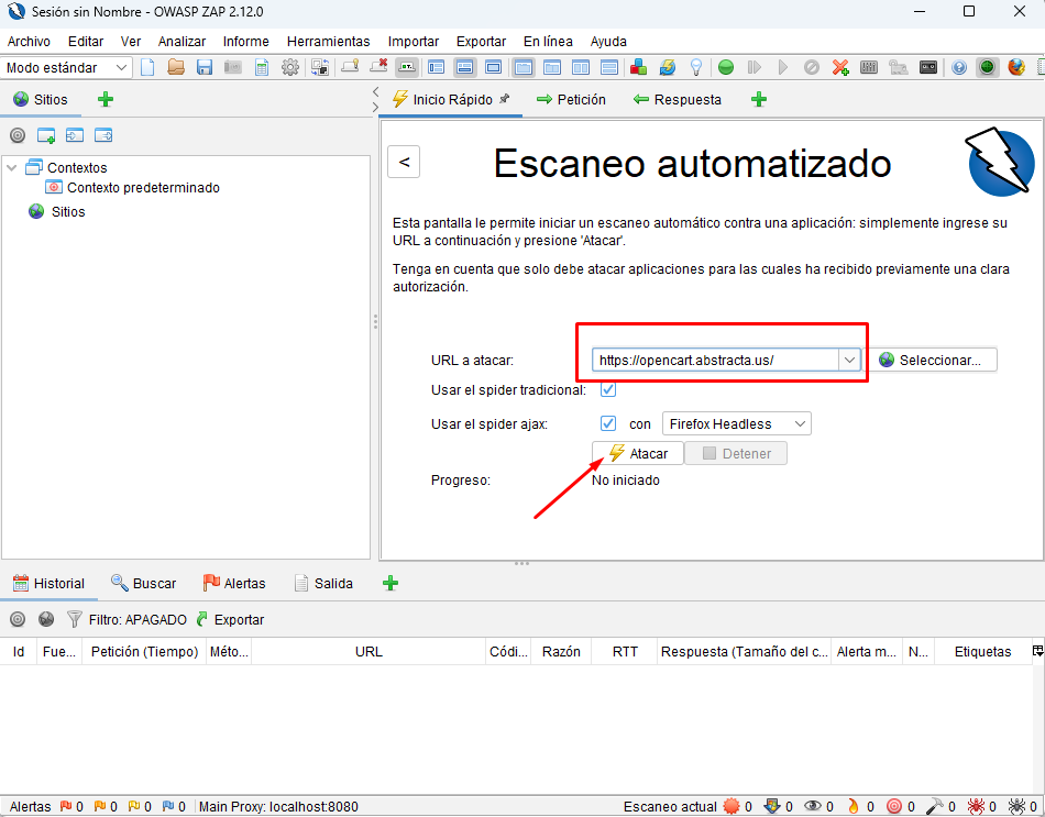 Inicio escaneo automatizado con Owasp Zap