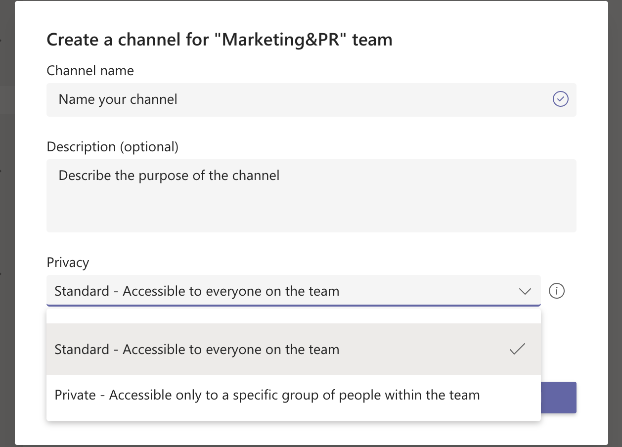 Creating a new channel on Microsoft Teams