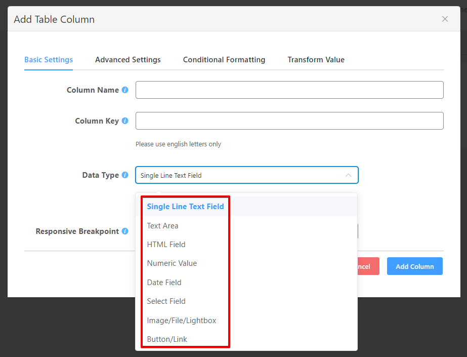 configure the data type for Ninja Tables in 8 ways