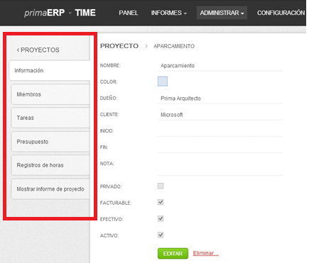 Administración de los proyectos en primaERP.