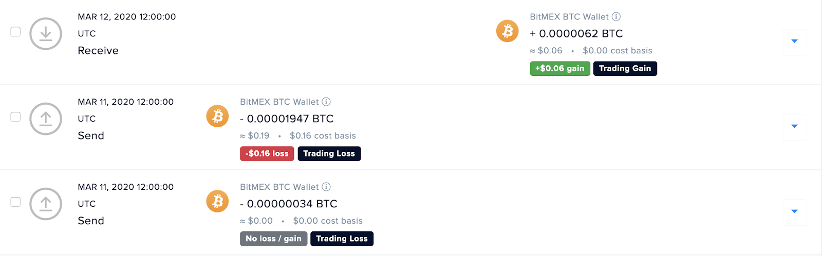 BitMEX trading gains and losses synced to CoinTracker