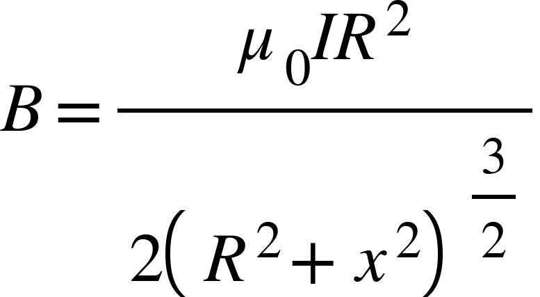 <math xmlns="http://www.w3.org/1998/Math/MathML"><mi>B</mi><mo>=</mo><mfrac><mrow><msub><mi>&#x3BC;</mi><mn>0</mn></msub><mi>I</mi><msup><mi>R</mi><mn>2</mn></msup></mrow><mrow><mn>2</mn><msup><mfenced><mrow><msup><mi>R</mi><mn>2</mn></msup><mo>+</mo><msup><mi>x</mi><mn>2</mn></msup></mrow></mfenced><mstyle displaystyle="true"><mfrac><mn>3</mn><mn>2</mn></mfrac></mstyle></msup></mrow></mfrac></math>