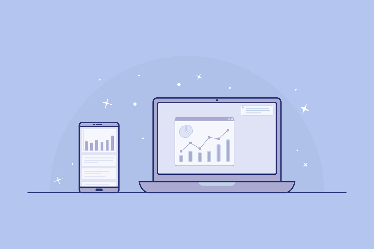 Cartoon illustration of a computer and paper, with graphs displayed on the screen. This could relate to marketing or website data.