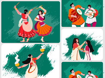 In these illustrations, men and women are dressed in Indian clothing and dancing during Navaratri. 