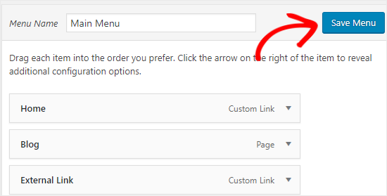 Clique no botão Salvar Menu