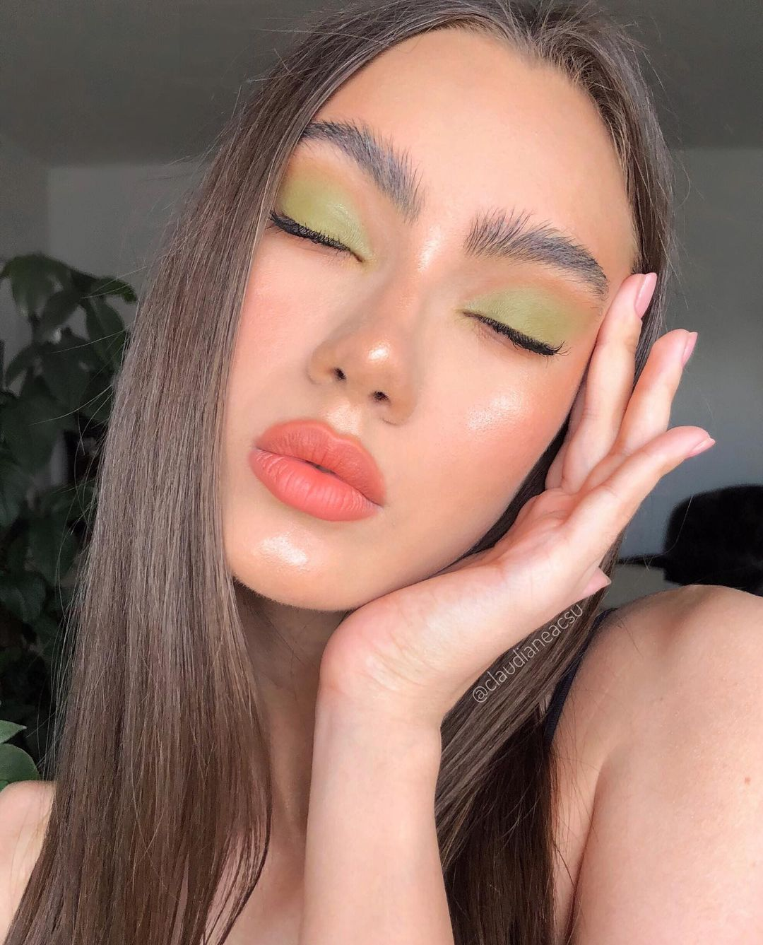 Coral Lipstick With Lime Green Eyeshadow