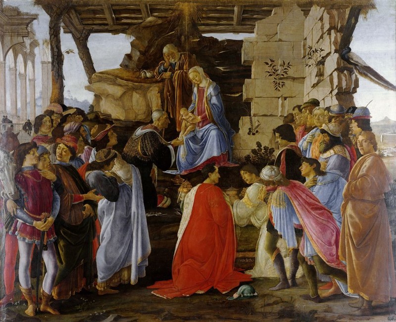 Renaissance painting of various people in fancy renaissance clothing gathered around an image of an infant Jesus, Mary, and Joseph.