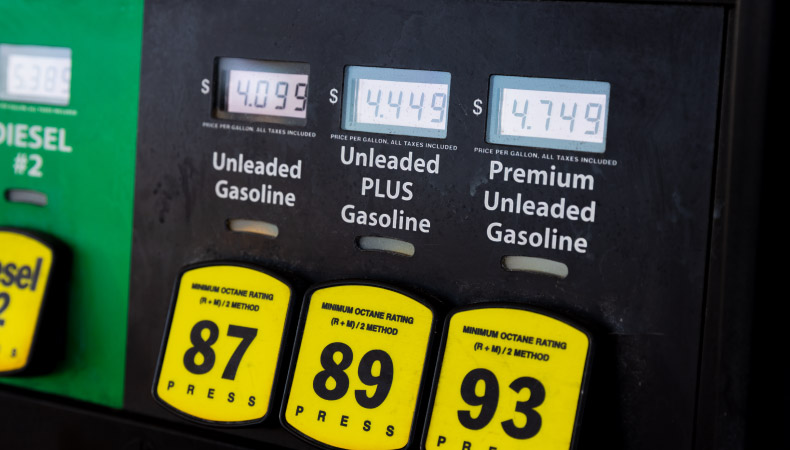 A gas pump displaying increased gas prices. Unleaded is $4.09, Unleaded Plus is $4.44, and Premium Unleaded is $4.74 per gallon.