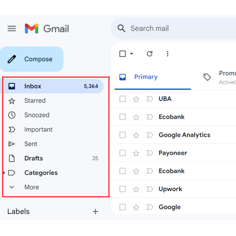 List of folders in Gmail