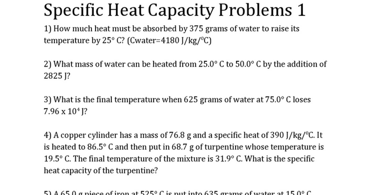 Specific Heat Capacity Questions 1 With Answers Google Docs