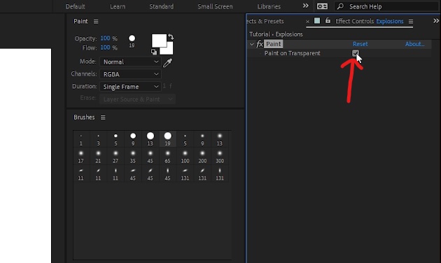Select explosions layer, navigate to effect controls -> paint on transparent box
