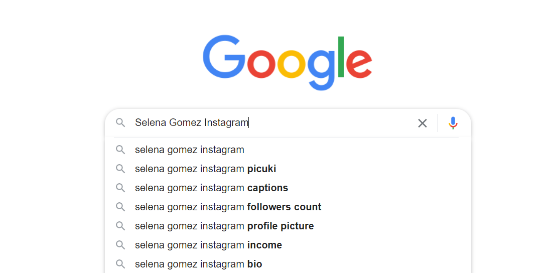 A screenshot of Google search bar with Selena Gomez Instagram typed in