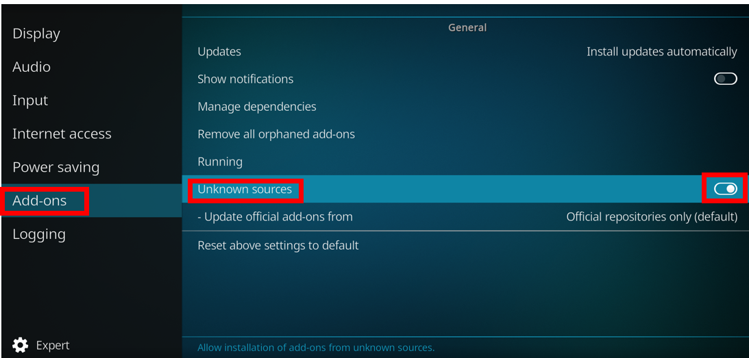 Kodi Settings menu in the Add-ons section with Unknown sources highlighted