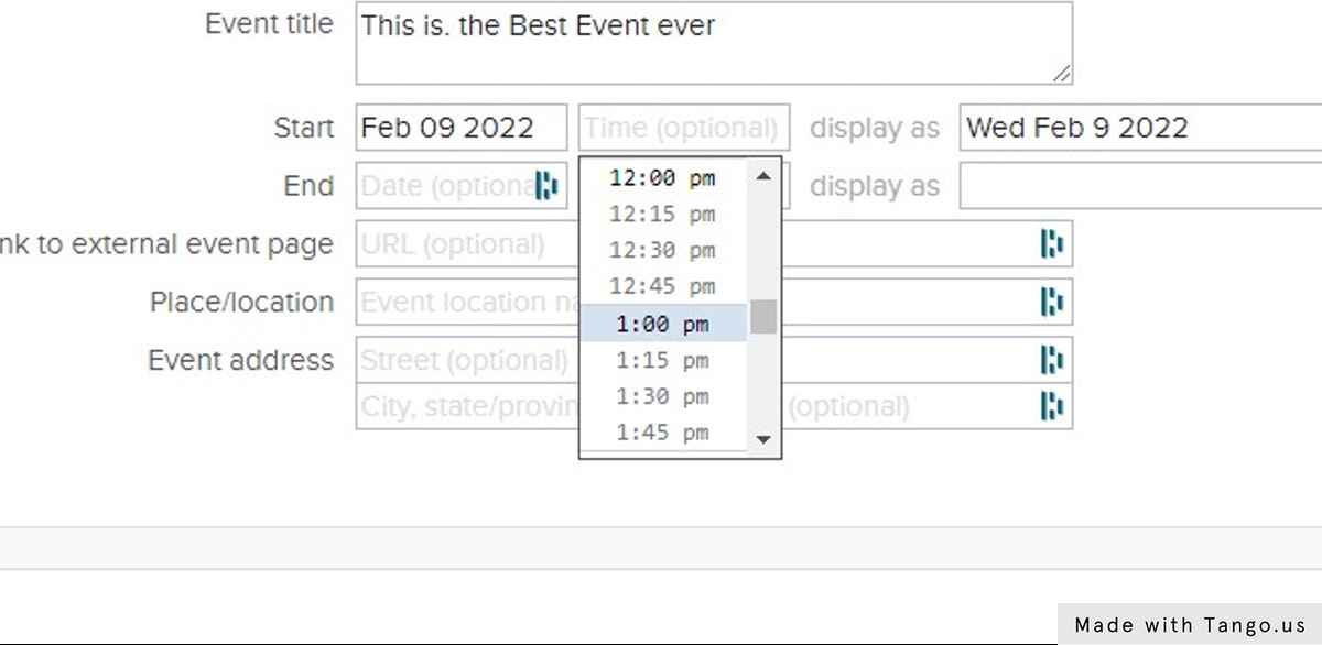 Enter Your Event Start Time