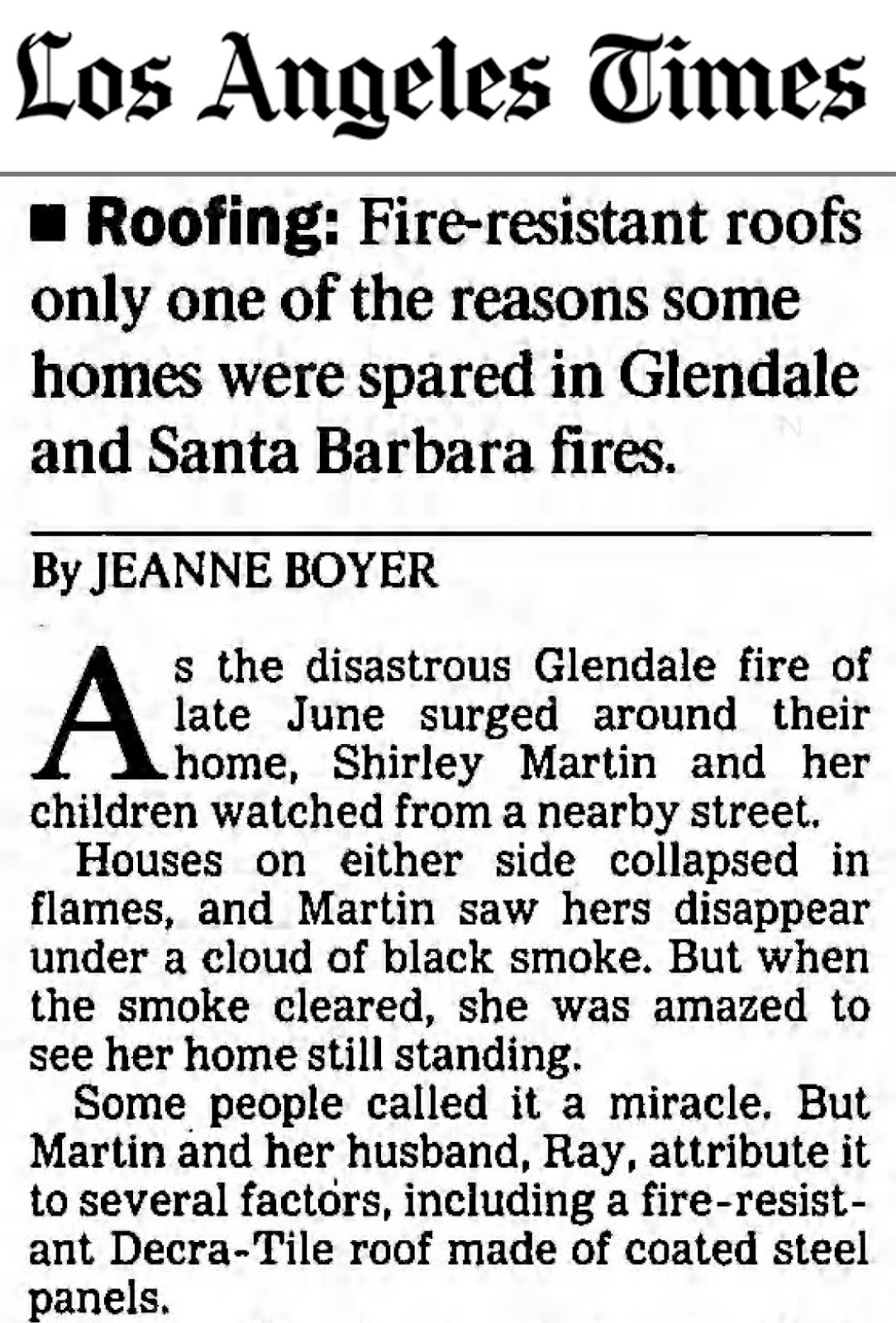 Los Angeles Times article about how a metal roof saved a home from fire