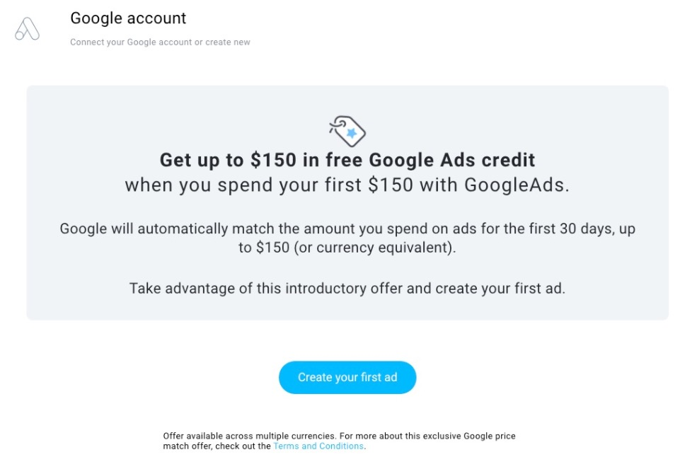 Google providing $150 in matched ad spend for the first $150 used on Google Ads.