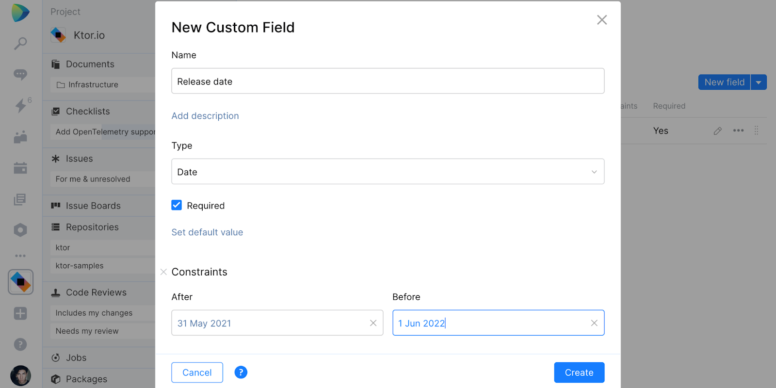 Custom issue field settings in Space