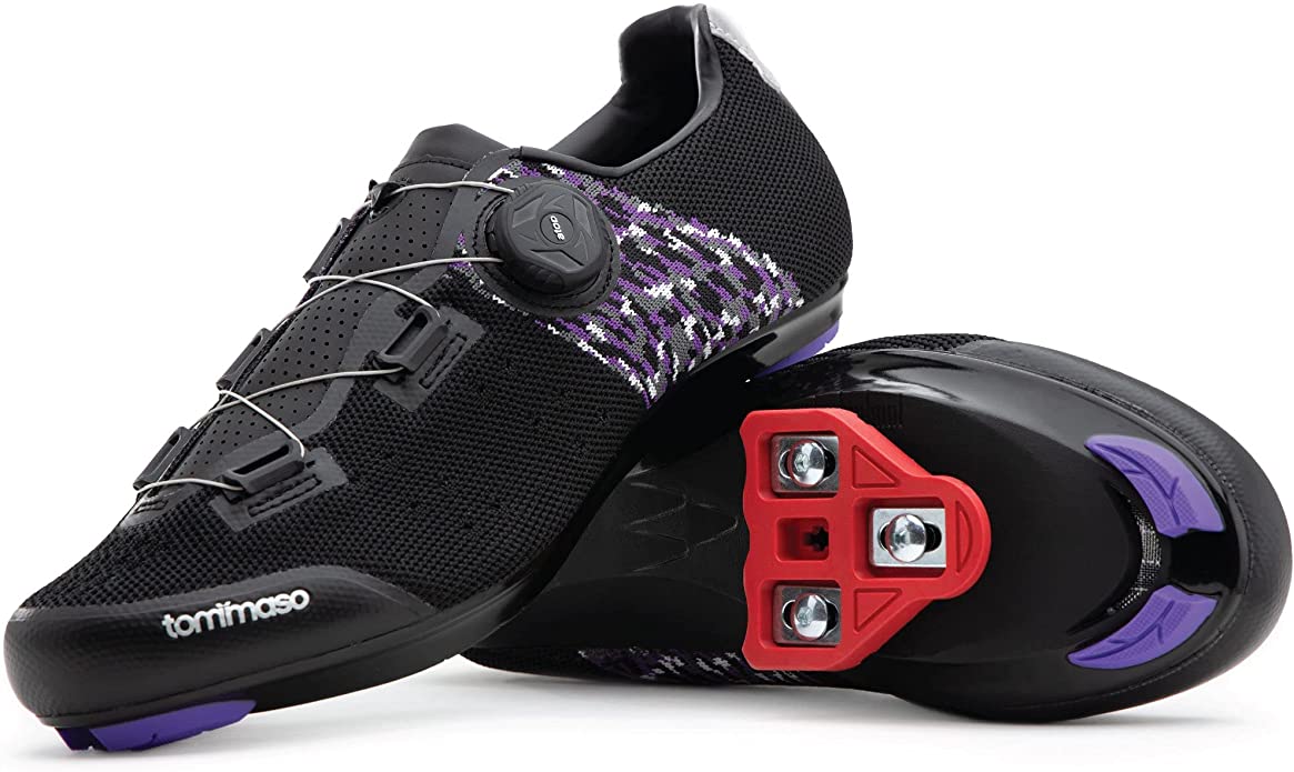 Tommaso Pista Aria Elite Knit Quick Lace Women's Indoor Cycling Ready Cycling Shoe and Bundle with Compatible Cleat, Look Delta, SPD - White, Black, Purple
