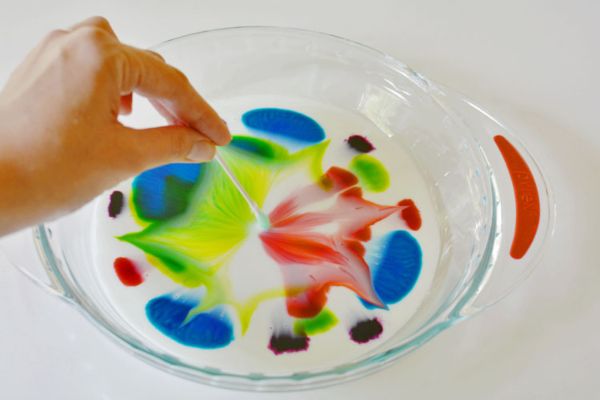 A round glass cooking container filled with milk and different food colors.