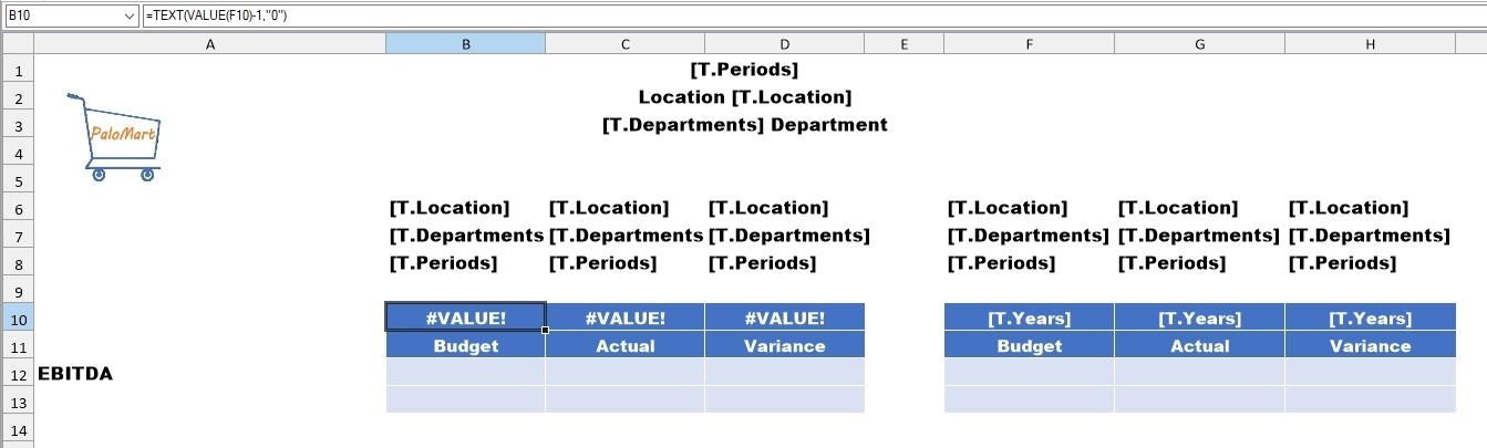  I started with a template that shows scenarios and a single roll-up account: EBITDA. This account will be automatically zoomed into to create our final report. Using a roll-up will ensure that any account changes are reflected our report without needing future maintenance.
I also added tokens for Periods, Location, Departments and Years. I added an Excel formula using simple subtraction to find the previous year.