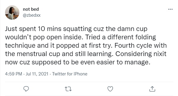 a tweet about struggles of inserting a traditional menstrual cup