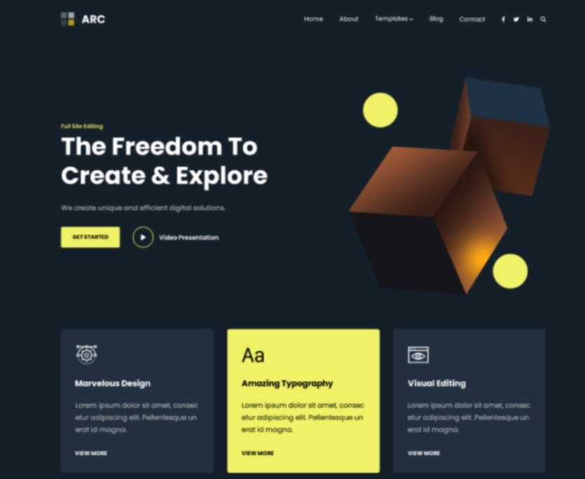 A screenshot of the Arc FSE WordPress theme homepage.