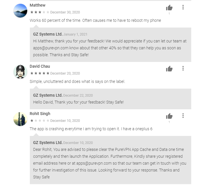 PureVPN GooglePlay store reviews